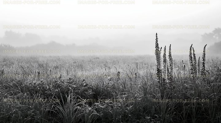 Foggy field with tall grasses and plants in black and white