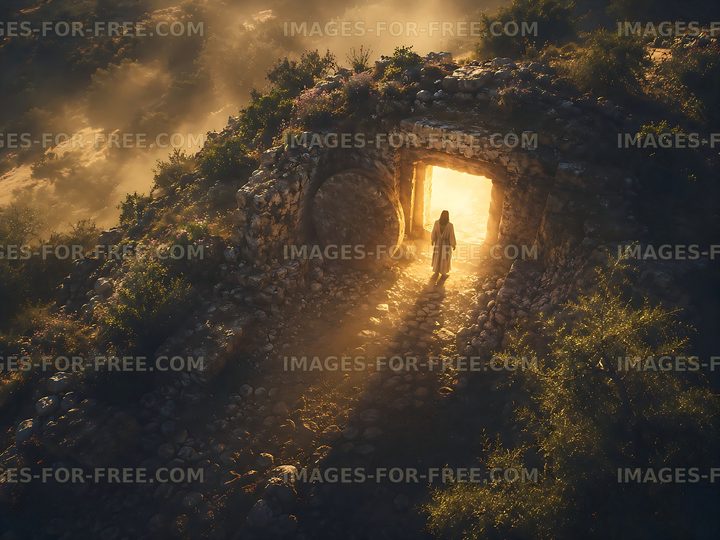 Person standing at a stone entrance in a misty landscape