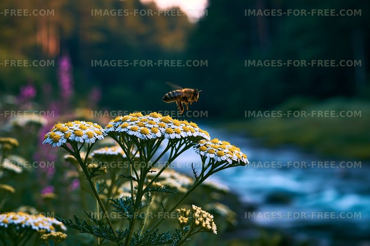 Bee hovering over yellow flowers by a river