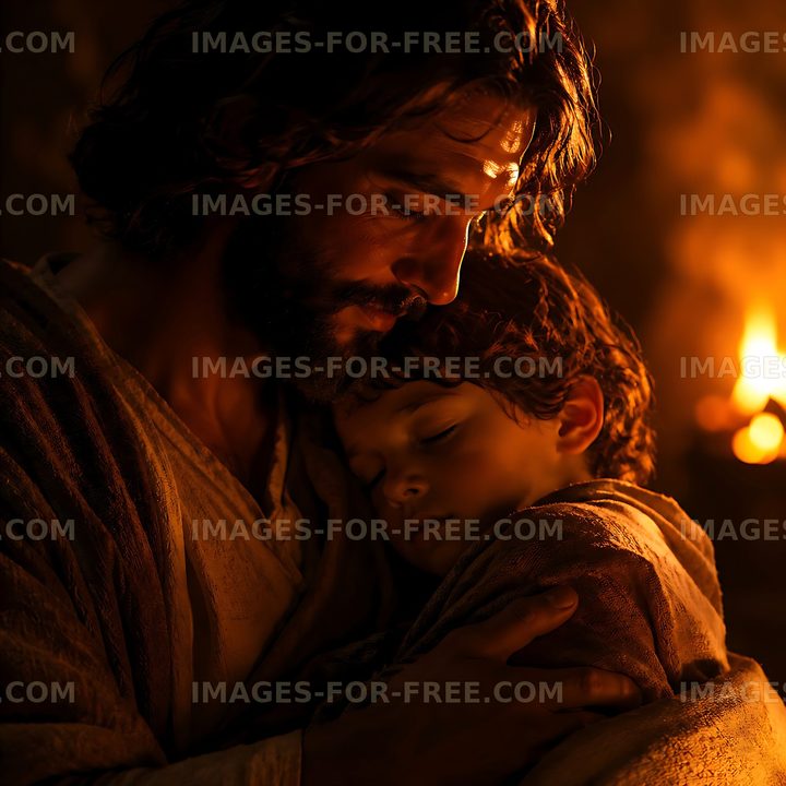 Father holding child in a warm embrace by the fire