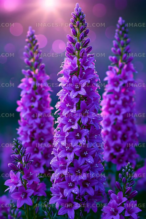 Purple flowers shining in sunlight