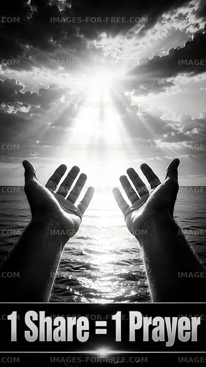 Hands reaching out against a bright sky over water