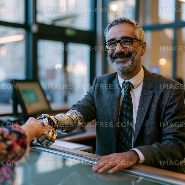 Man with prosthetic arm interacts with customer at service counter