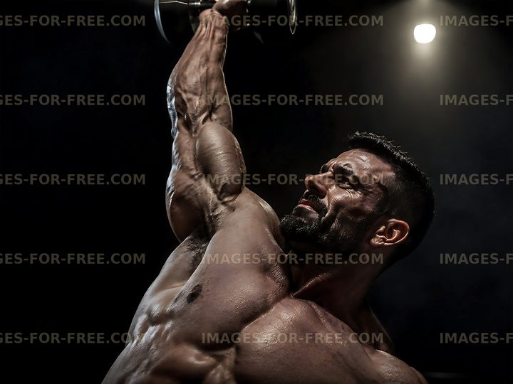 Muscular man lifting dumbbell in dark gym setting