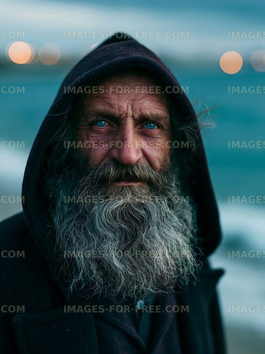Man with long beard in hood near the shore at dusk