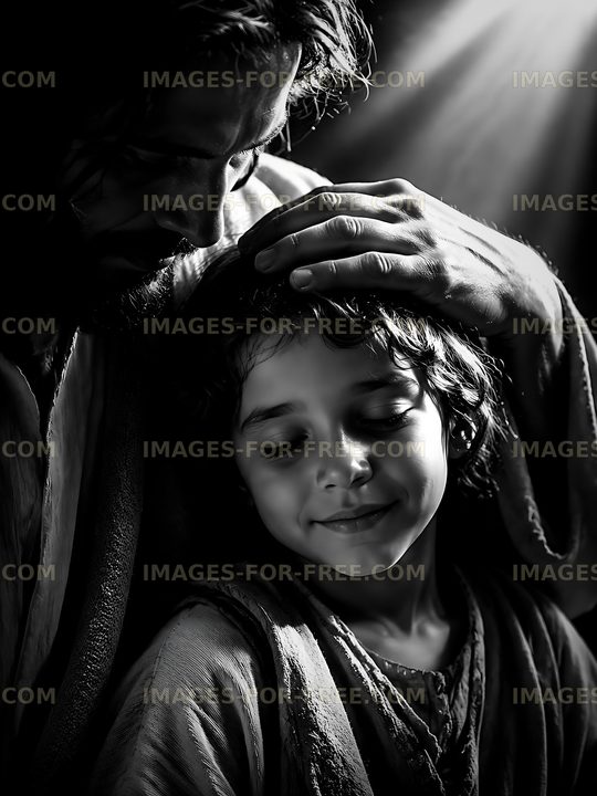 Tender moment between a man and a child in soft light