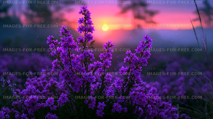 Vibrant purple flowers bloom at sunset in natural setting