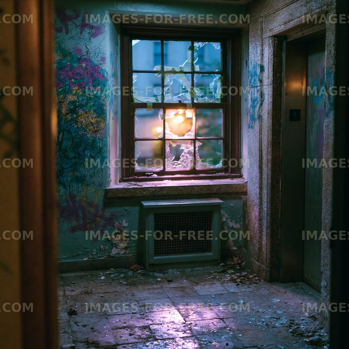 Abandoned hallway with broken window and elevator