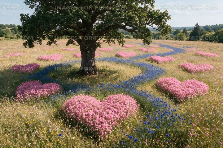 Heart-shaped flower arrangements in a meadow