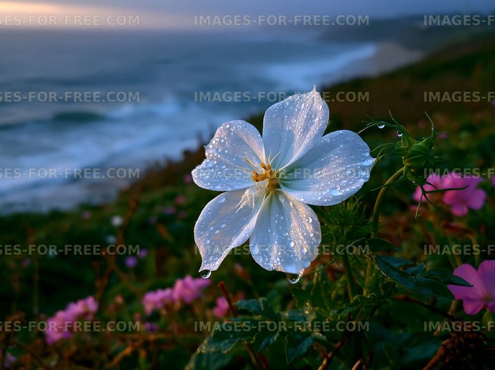 Flower with water droplets by ocean at sunset