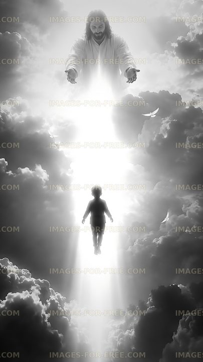 Child ascending towards a figure in the clouds