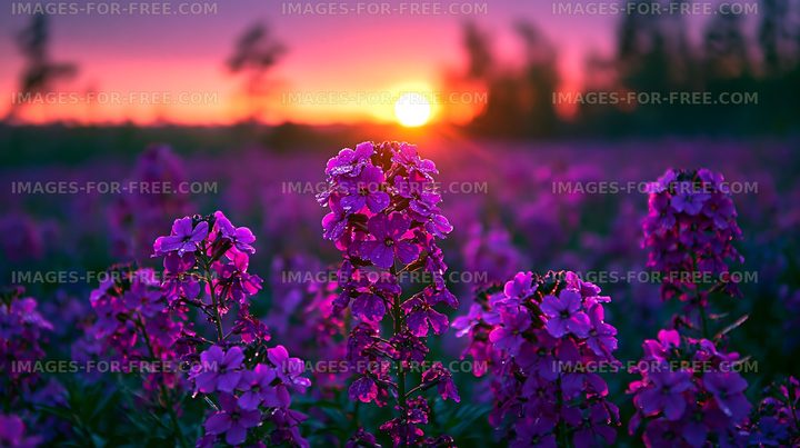 Sunset over a field of purple flowers with trees in the background