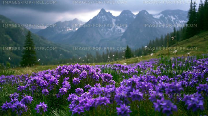 Mountain landscape with purple flowers in foreground