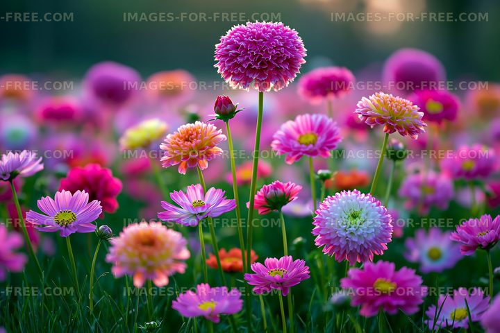Colorful flowers blooming in a garden during sunset