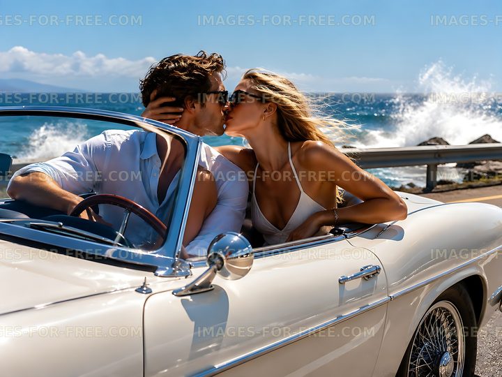 Couple sharing a kiss in a convertible car by the ocean
