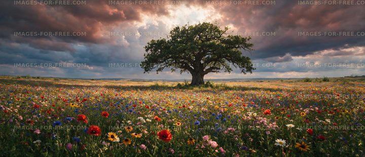 Vibrant wildflower field with a lone tree under dramatic clouds