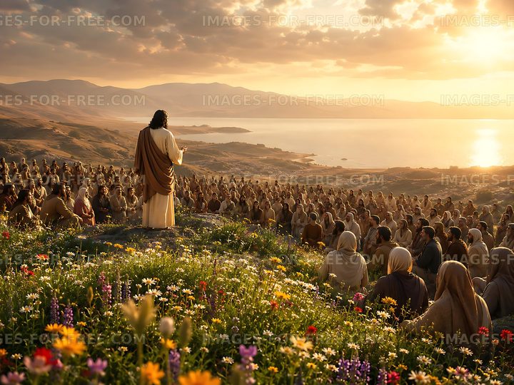 Jesus speaks to a large crowd at sunset near a lake