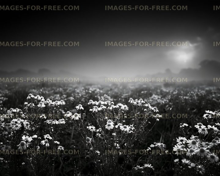 Flowers in a misty field at dusk