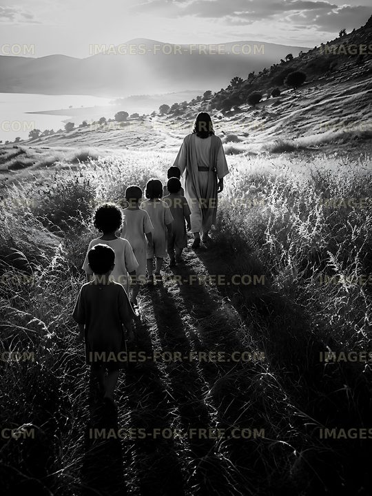 Walking on a path with children in a black and white setting