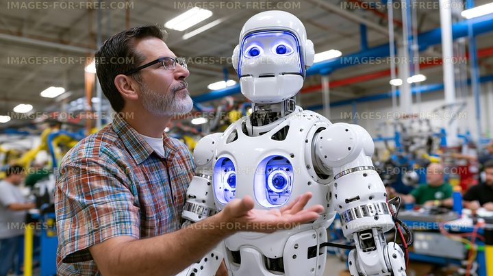 Engineer interacts with humanoid robot in busy factory setting