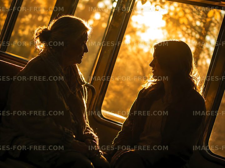 Two women talking by the window during sunset