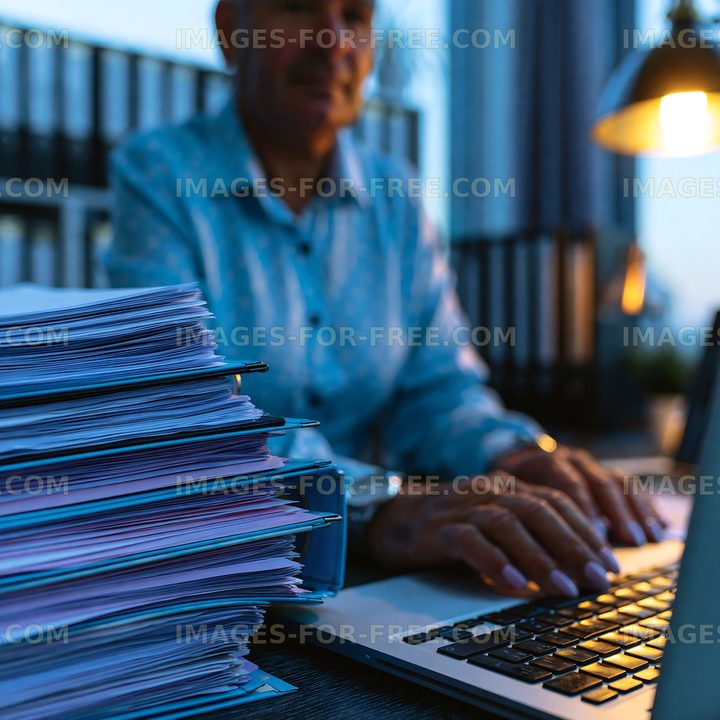 Working late on a laptop with documents in the background