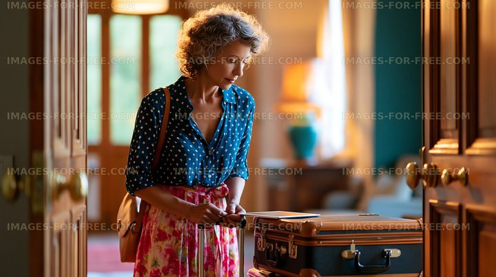 Woman prepares to travel with suitcase in a home interior
