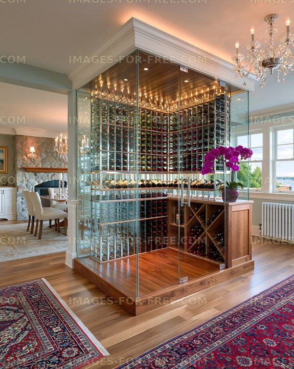 Wine cellar with glass walls in modern home setting