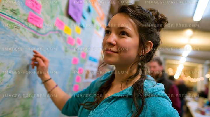 Young woman engages with a map at a community event