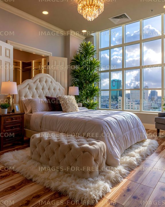 Modern bedroom with large windows and city view