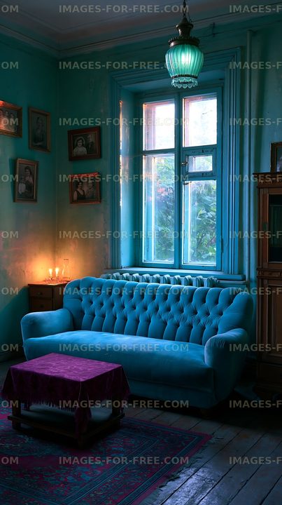 Blue sofa in a vintage room with natural light