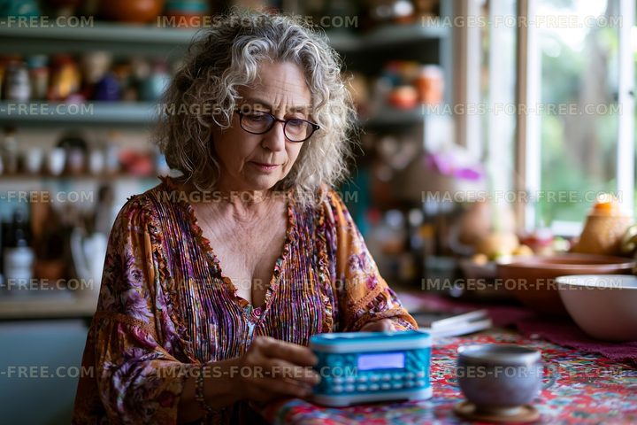 Woman using a calculator in a kitchen setting