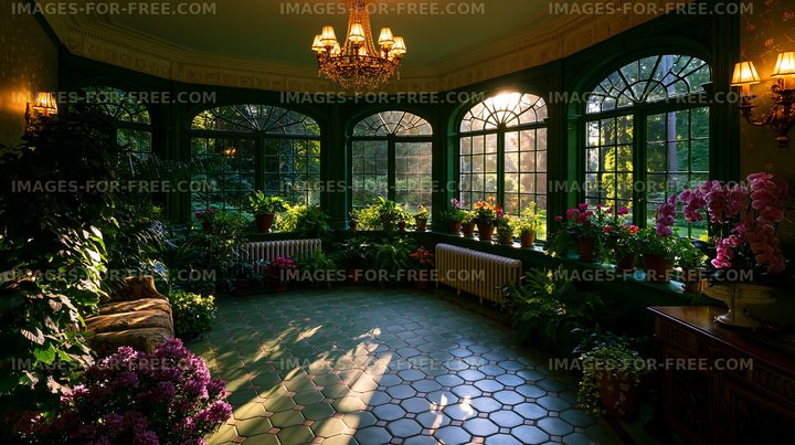Sunlight streaming through the windows of a greenhouse