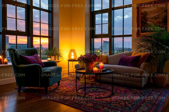 Cozy living room with sunset view and candles