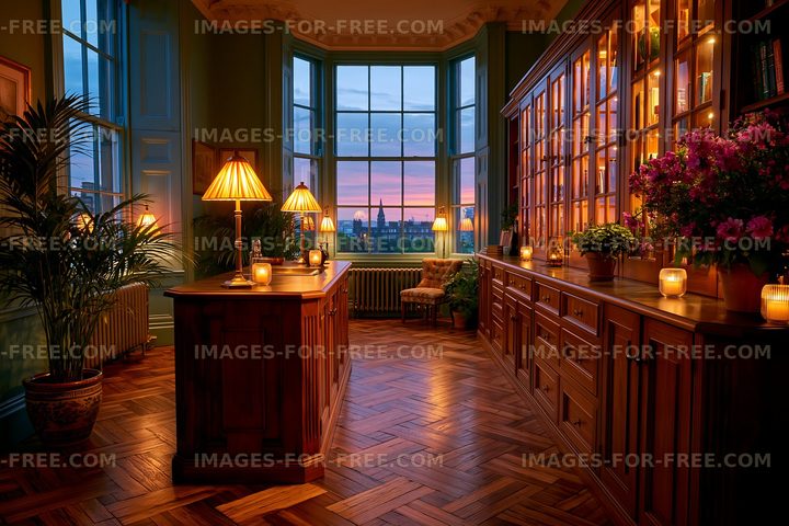 Warm interior with wooden cabinets and sunset view