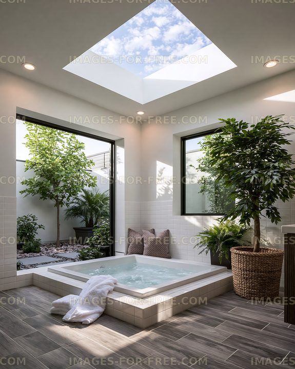 Indoor spa area with a small hot tub and natural light