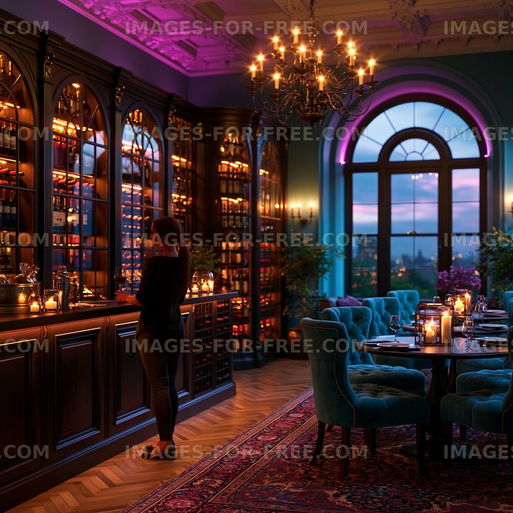 Elegant interior of a bar during twilight with warm lighting