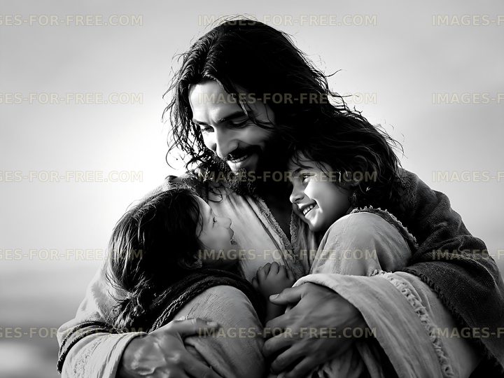 Man embraces two children in a warm interaction
