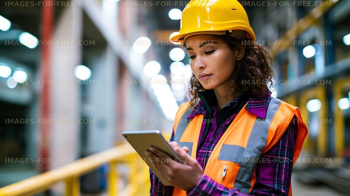 Worker in safety gear using tablet in industrial setting