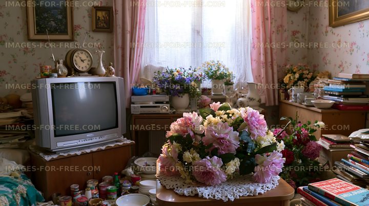 Living room with vintage decor and floral arrangements