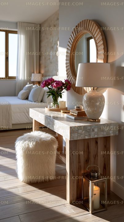 Cozy interior with a table, lamp, and flowers in a bright room