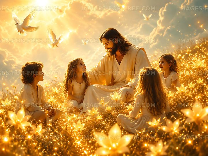 Jesus surrounded by children in a field of flowers