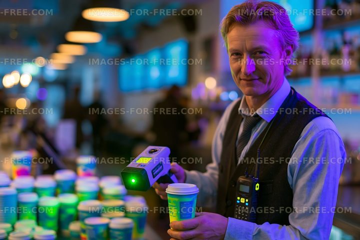 Man holding scanner and cup in busy cafe setting