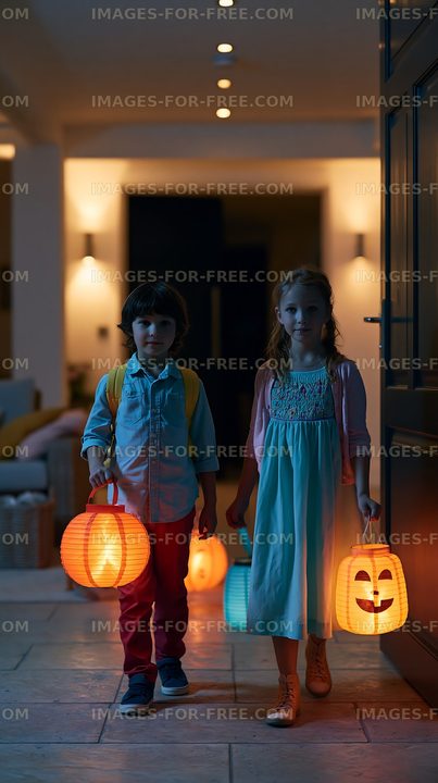 Children walking with lanterns in a dimly lit hallway