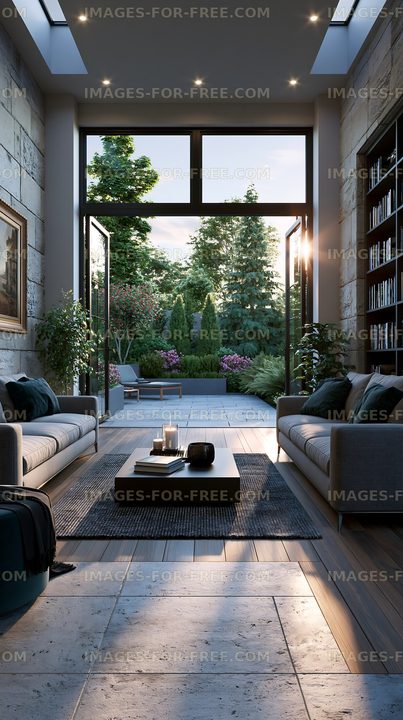 Modern living room with view of garden and outdoor space