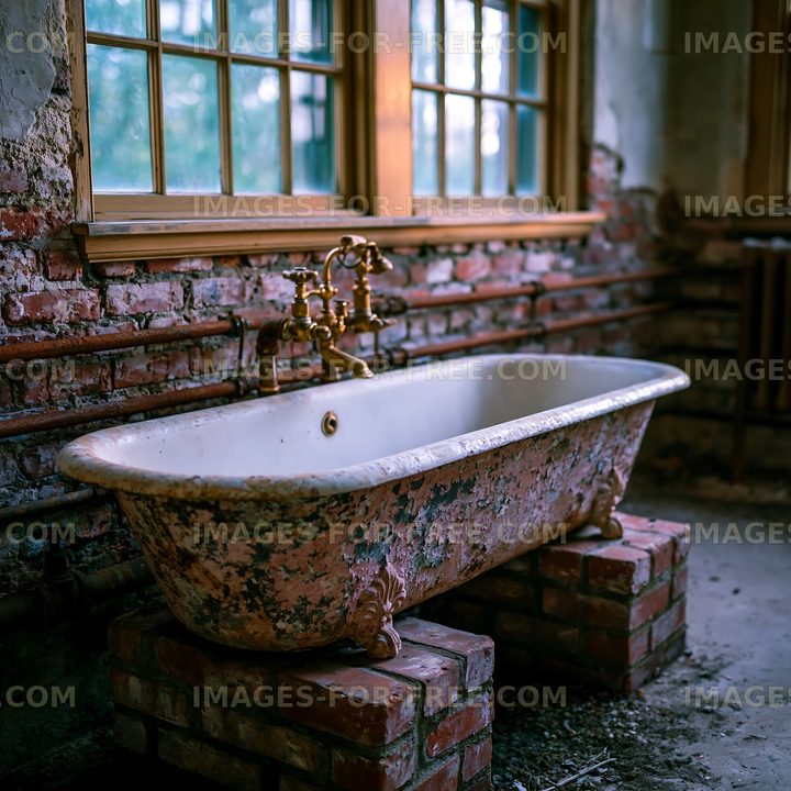 Old bathtub in a rustic room with exposed brick walls