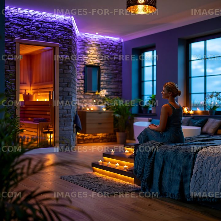 Modern bedroom with candles and purple decor at twilight