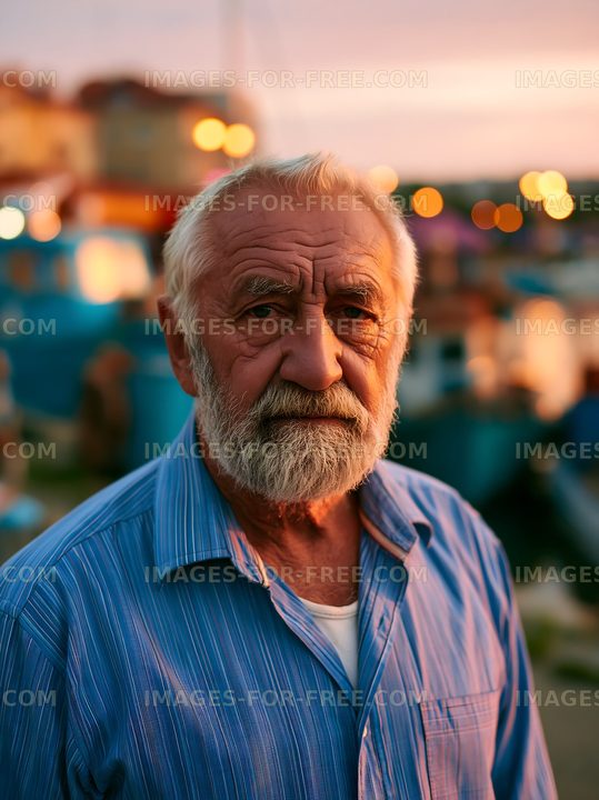 Elderly man with beard standing near boats at sunset