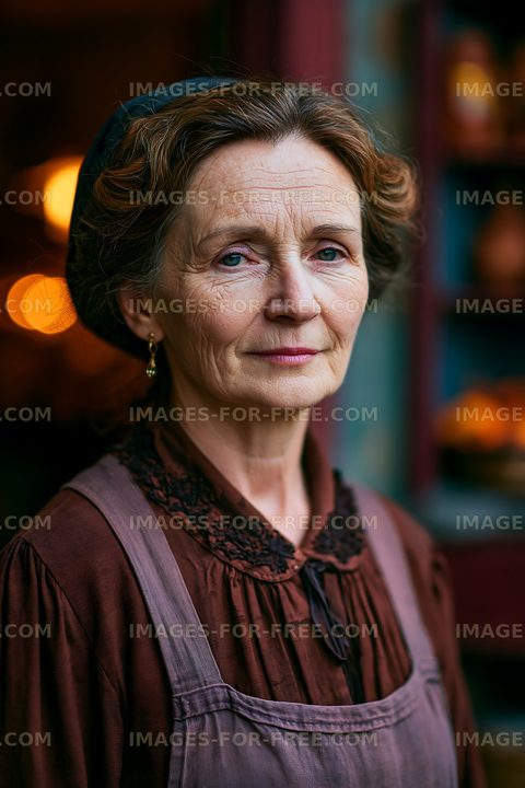 Portrait of woman with curly hair in vintage dress