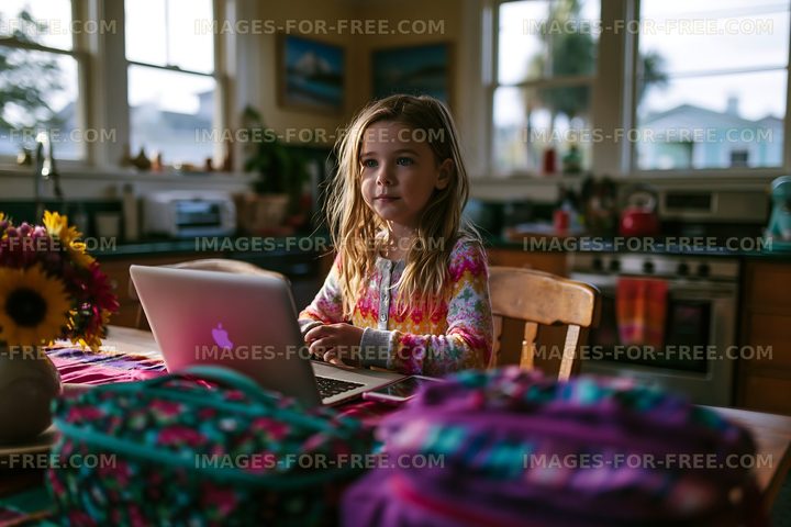 Child using laptop in colorful kitchen during afternoon